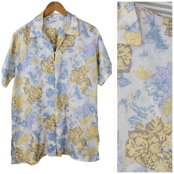 Vintage Top Silk Blouse Button Up Floral Size Medium Blue Yellow Lightweight - Picture 1 of 5